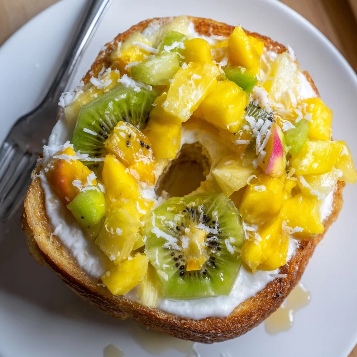 Indulge in a rich yogurt-custard toast, bursting with fresh fruit flavors and coconut.