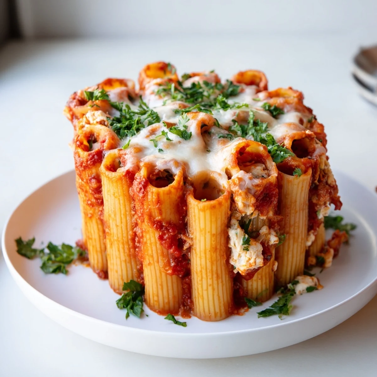 Stunning honeycomb pasta cake with rich tomato sauce and melted cheese topping.