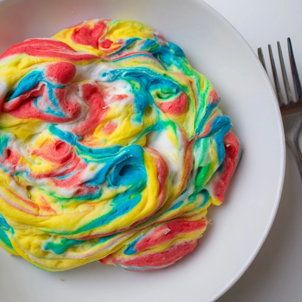 Vibrant rainbow cloud bread staring back from a baking sheet, perfect for parties.  