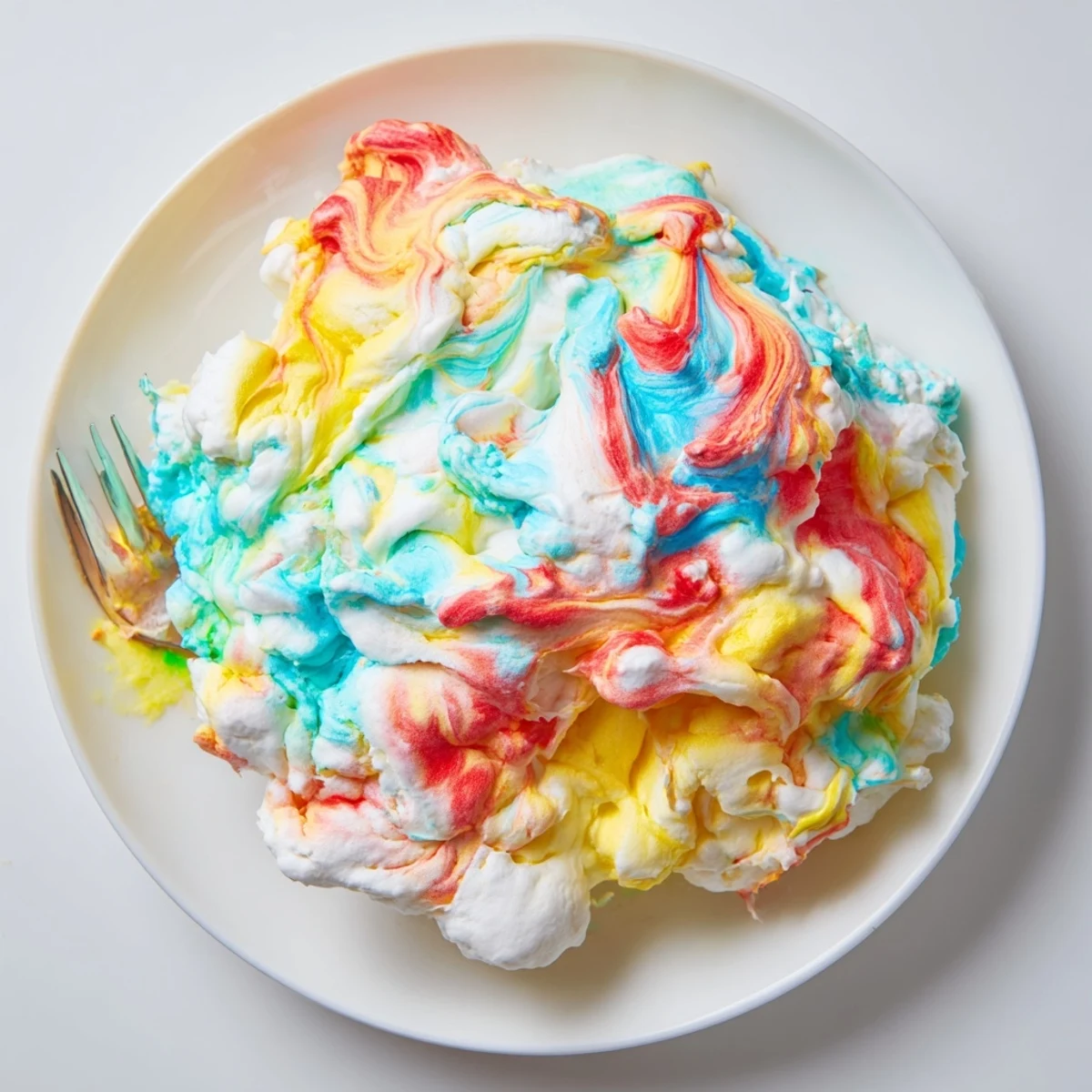 Light and airy cloud bread rainbow slices served with whipped cream for breakfast fun.
