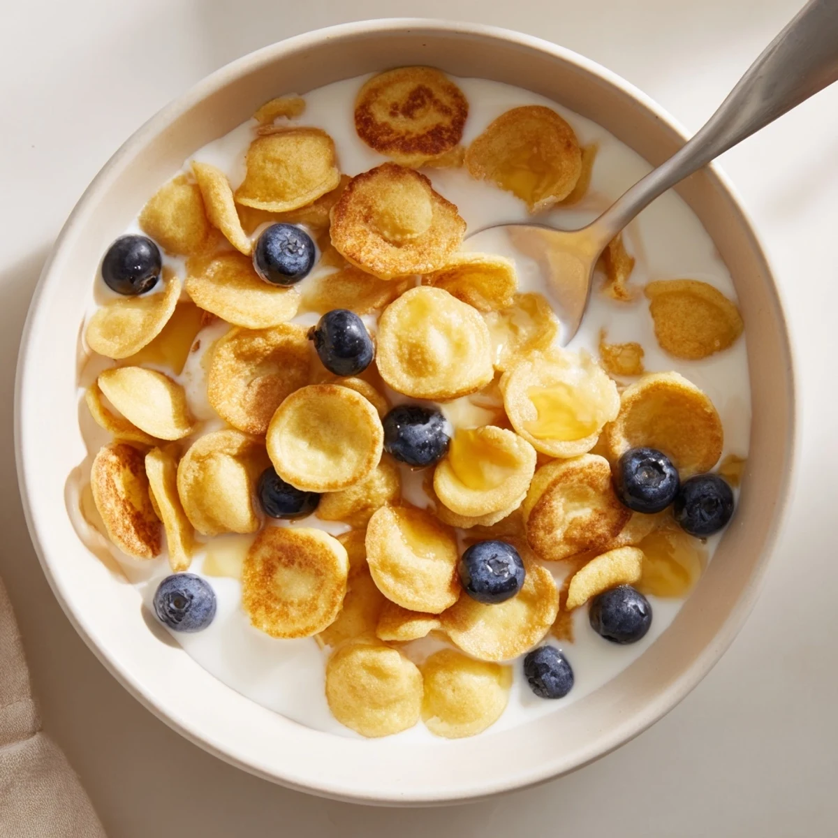 Adorable mini pancake cereal served with fresh berries and warm maple syrup.  