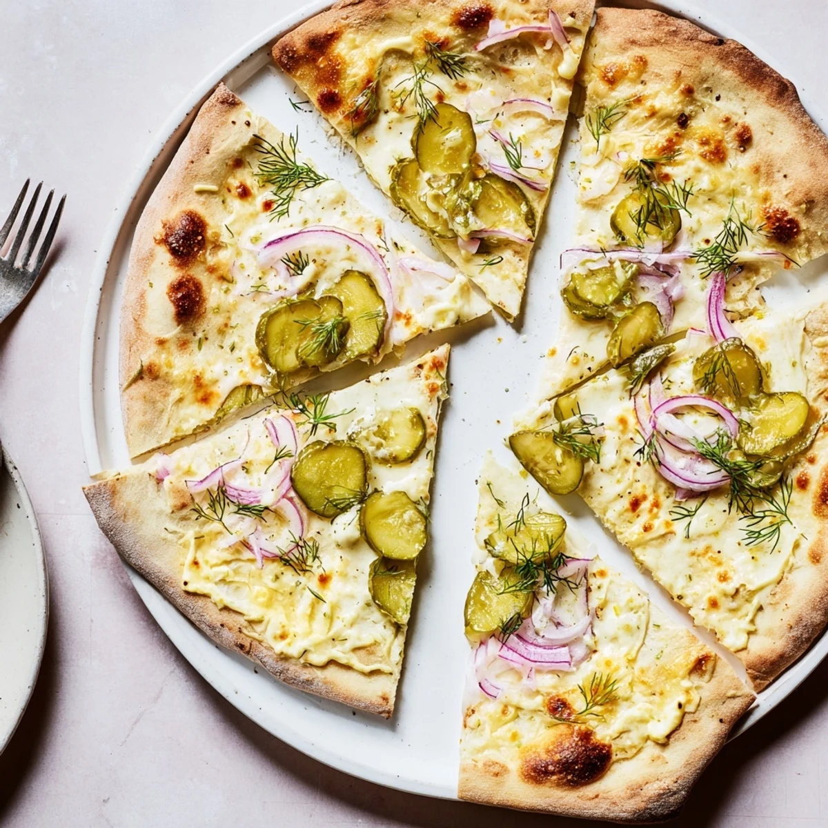 Enjoy the zesty flavors of crusty Pickle Pizza topped with mozzarella and fresh dill.  