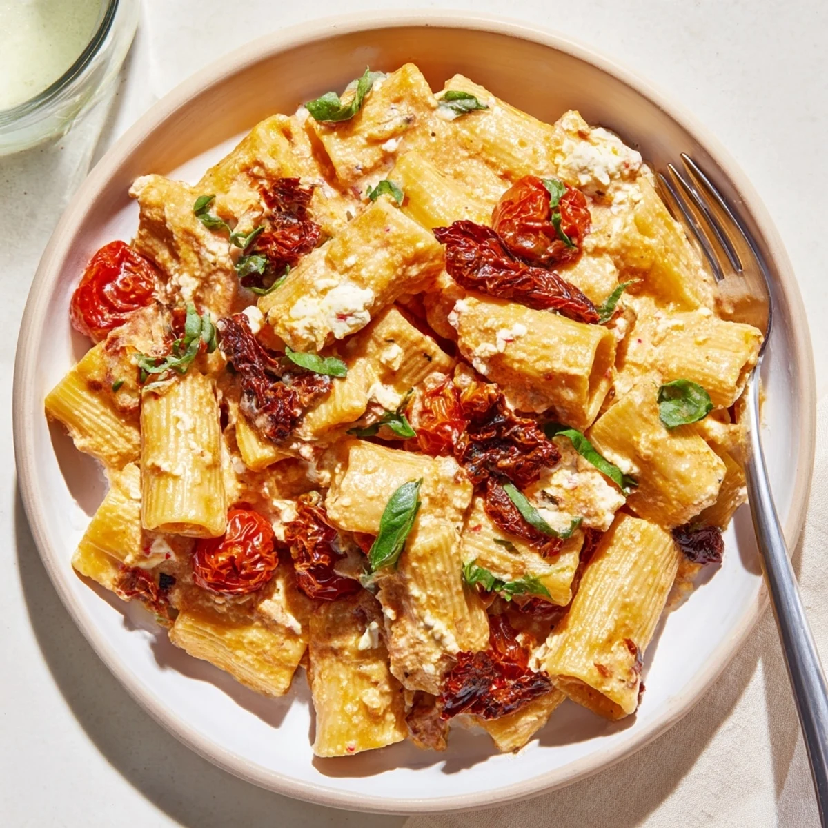 Creamy baked feta pasta topped with caramelised onions and fresh basil.  