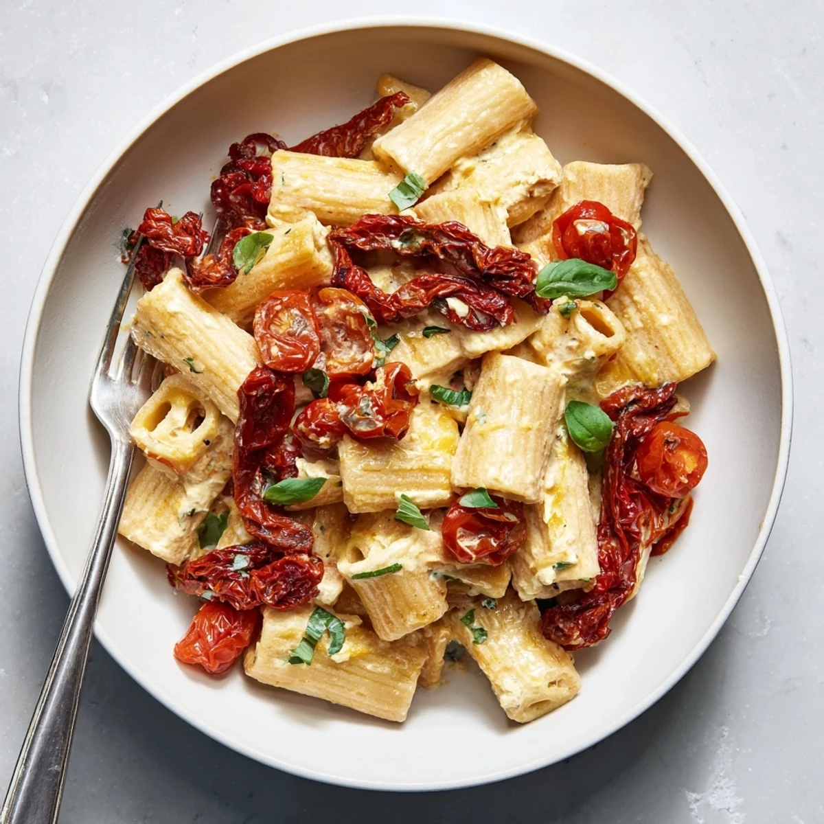 Warm baked feta pasta garnished with vibrant cherry tomatoes and herbs.