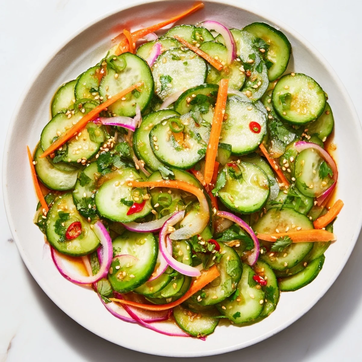 Refreshing cucumber salad remix with vibrant colors and Asian-inspired tangy dressing.  