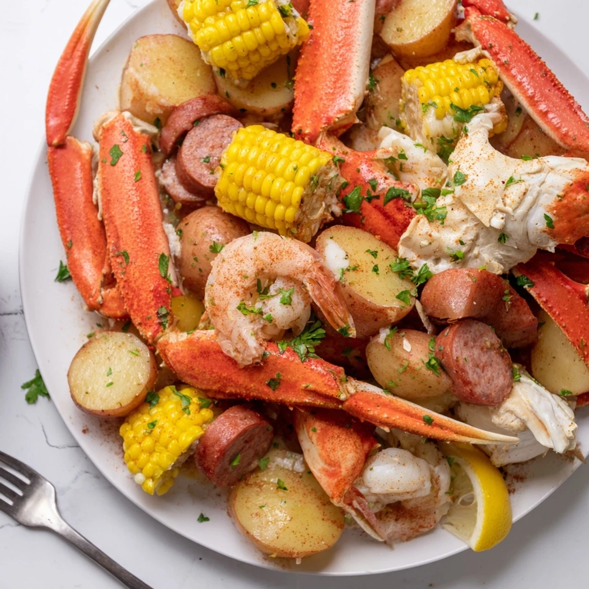 Juicy seafood boil with crab, shrimp, and sausage served over vibrant vegetables.  