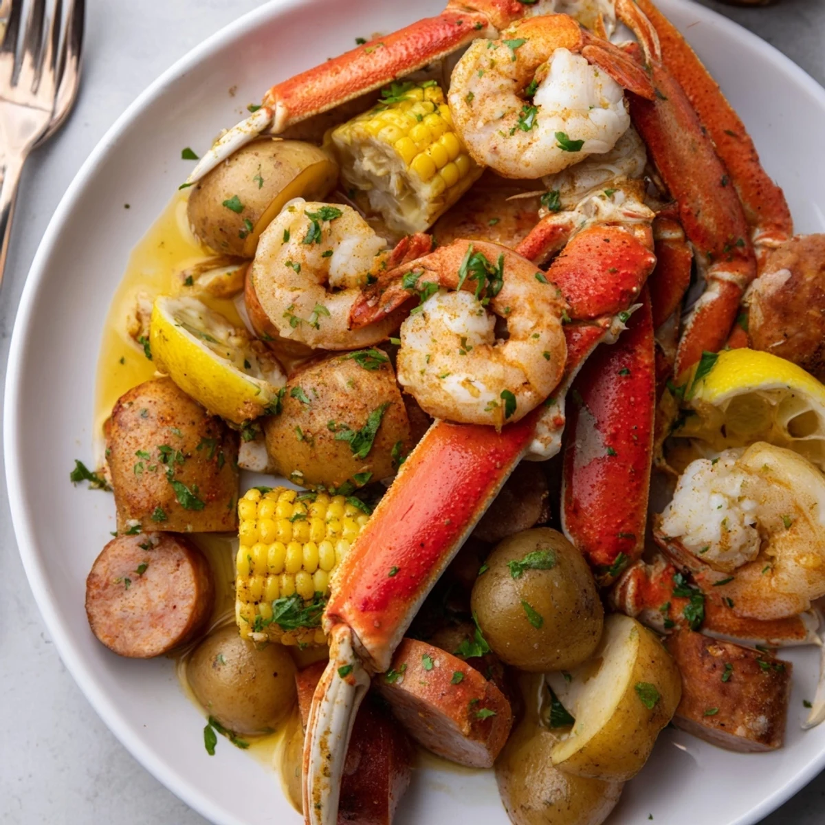 Flavorful seafood boil featuring tender crab legs, shrimp, and spicy sausage delight.  