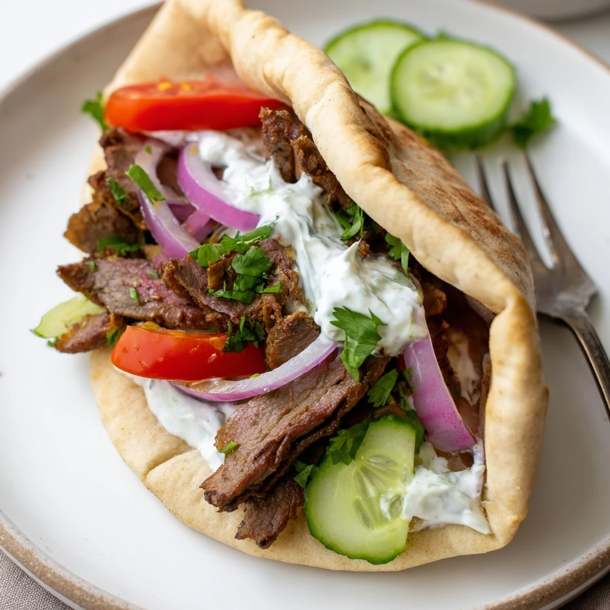 Tender Beef Shawarma Wraps with zesty yogurt sauce and fresh vegetables await your taste buds.