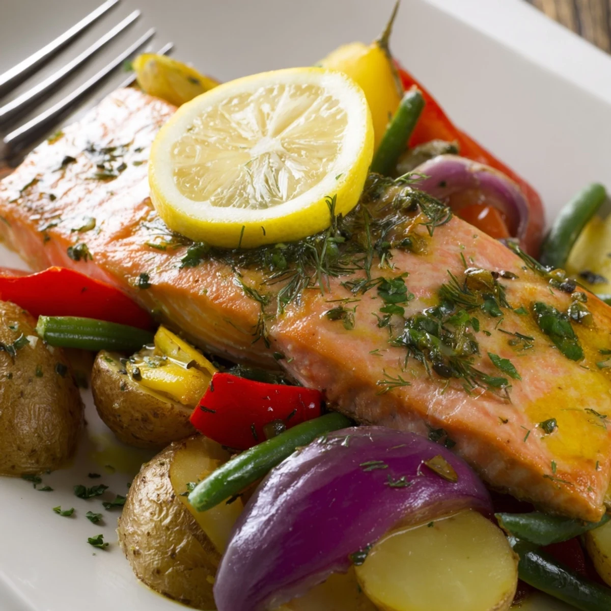 Delicious lemon herb salmon fillets served alongside golden roasted baby potatoes.  