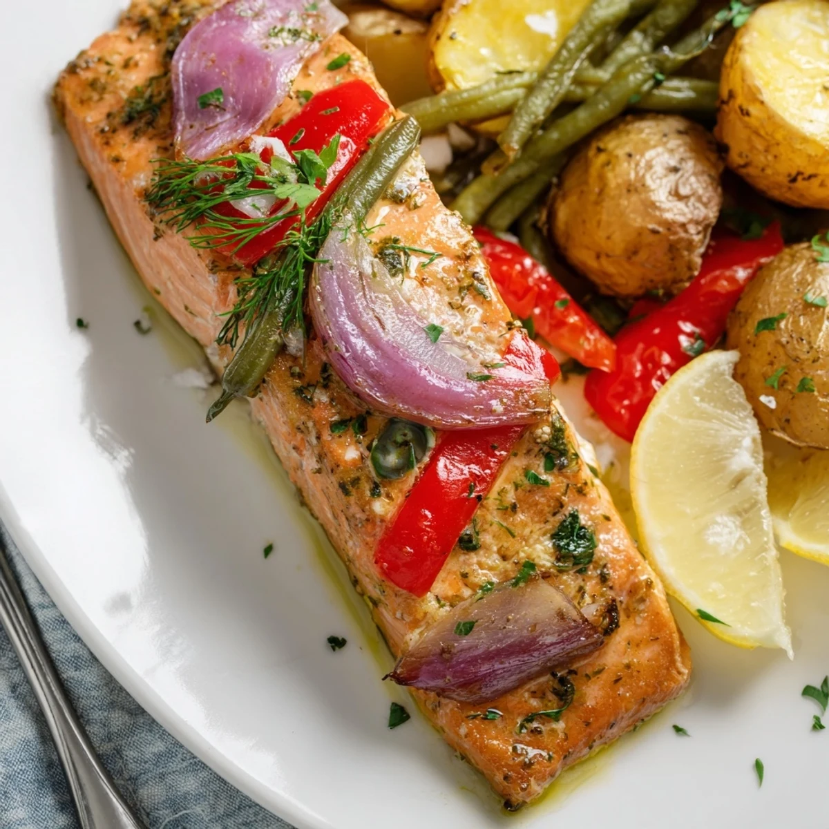 Juicy lemon herb salmon with crispy potatoes, vibrant vegetables on a sheet pan.  
