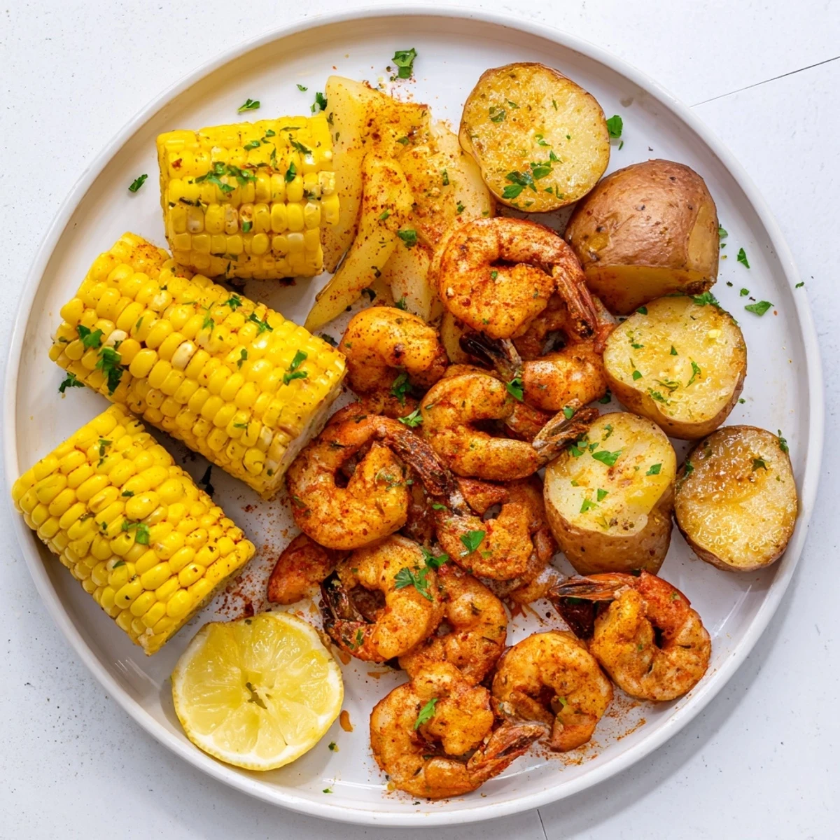 Spicy Cajun Shrimp & Sweet Corn Platter served with zesty lemon wedges for extra flavor.  