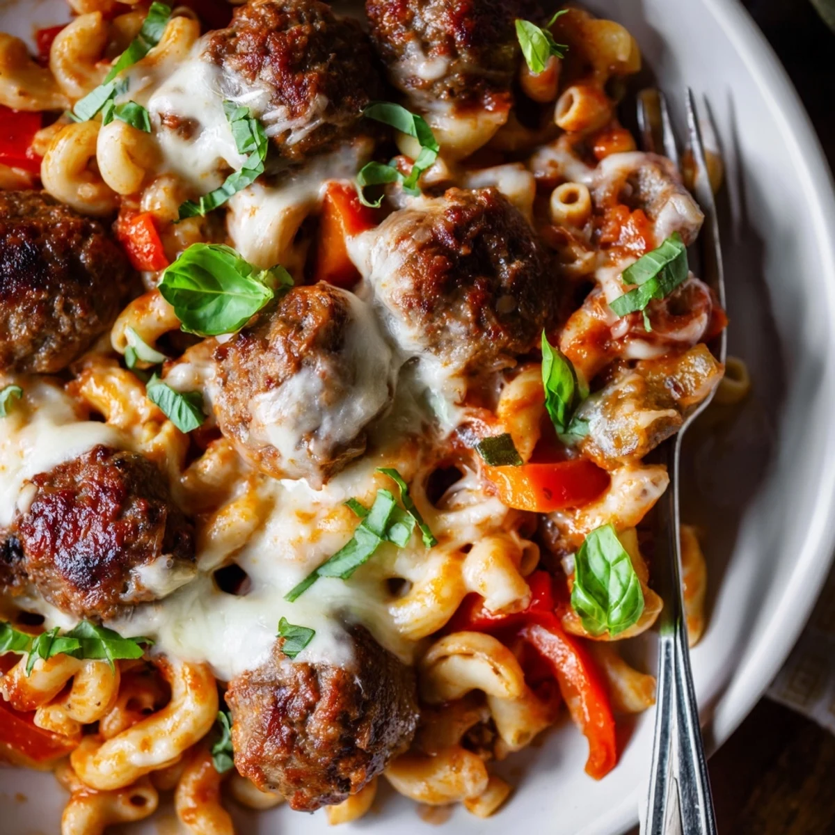 Savory Italian Meatball Pasta Skillet simmering in rich tomato sauce and melty mozzarella.  