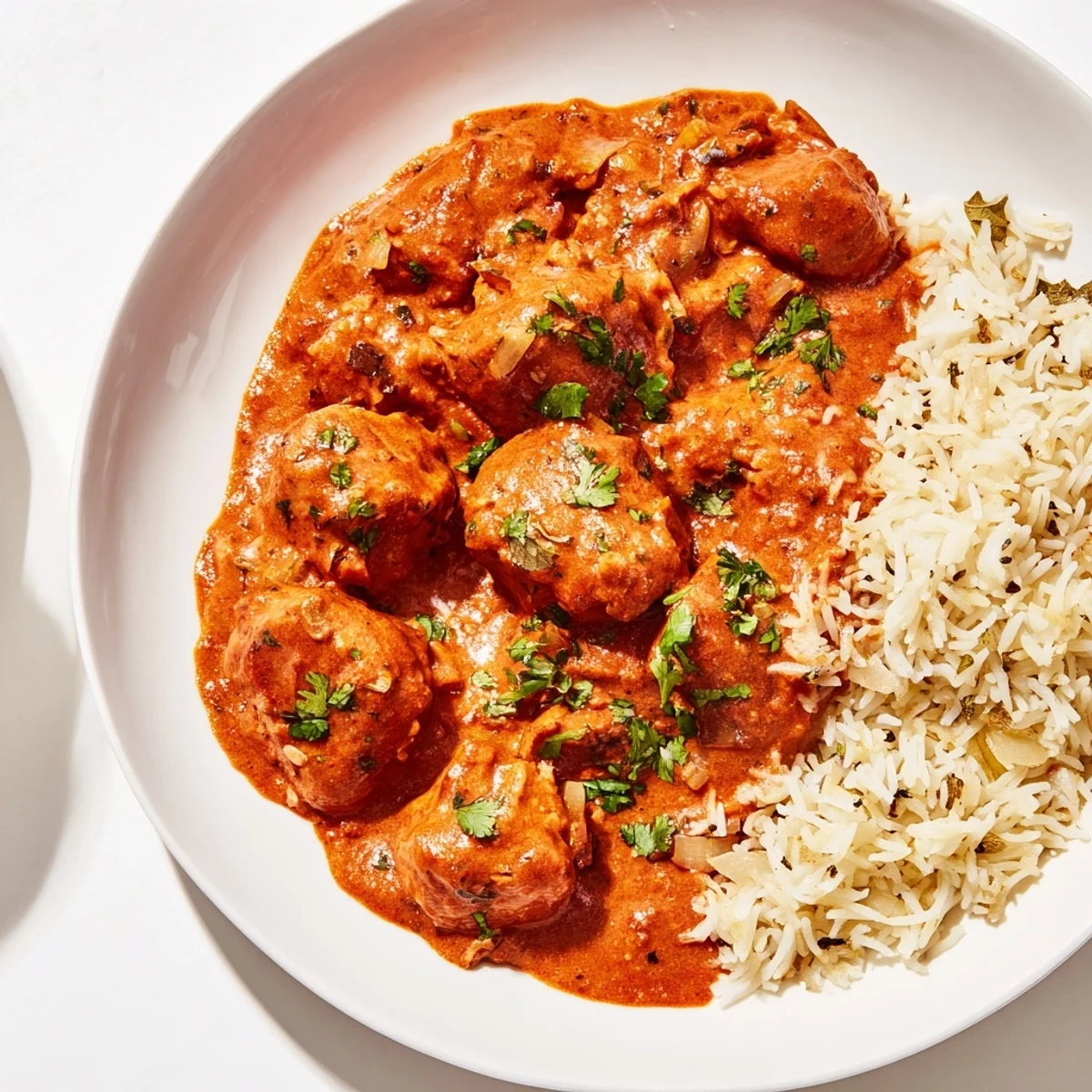 Golden butter chicken simmering in a creamy tomato sauce next to fluffy rice pilaf.