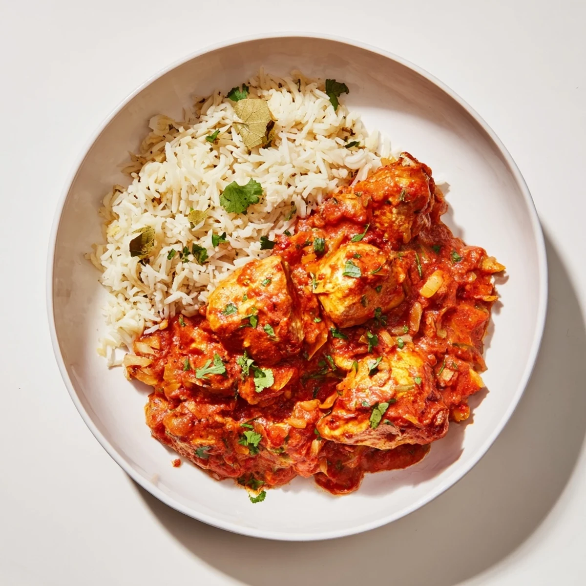 A close-up of butter chicken's vibrant sauce and the fluffy basmati rice pilaf it's served with.