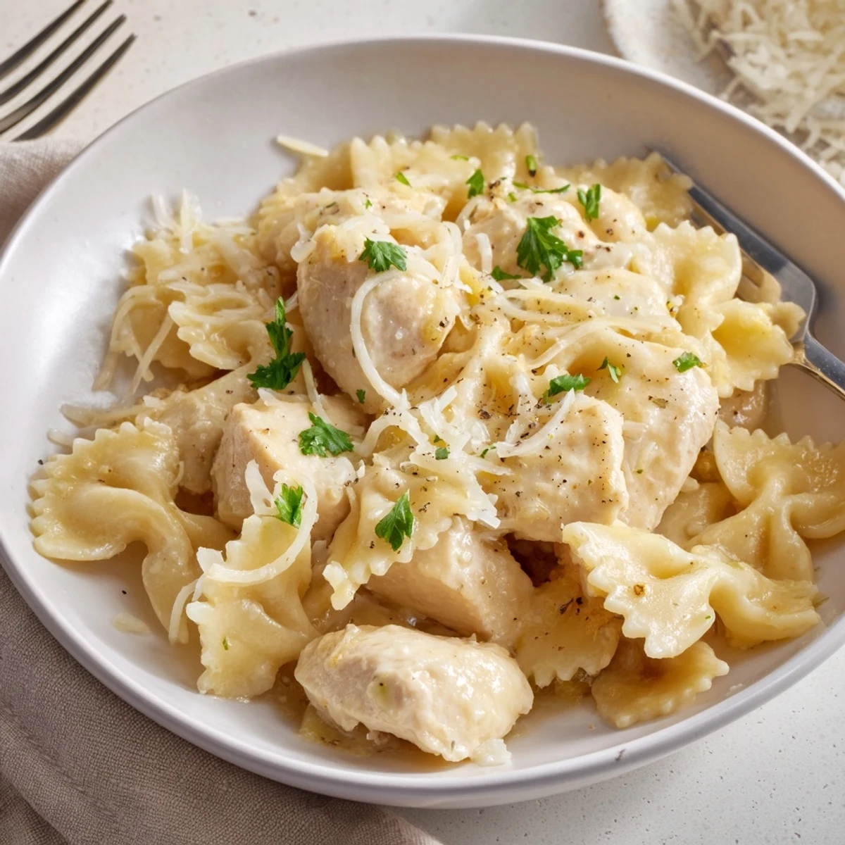 Deliciously creamy Mozzarella Garlic Butter Chicken Bowties topped with melted cheese, perfect for dinner.  