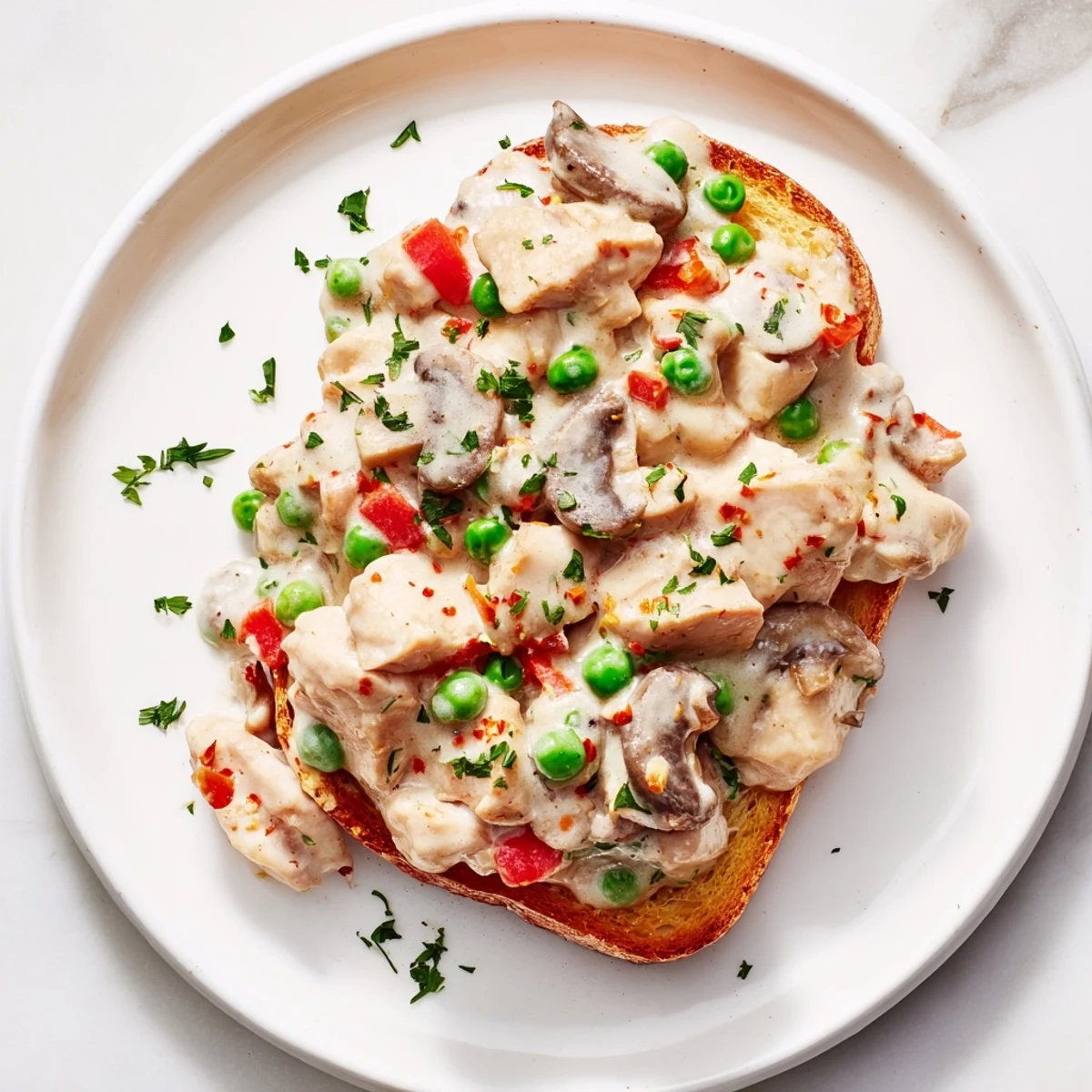 Creamy Chicken à la King over toast, a comforting American classic with tender chicken and veggies.