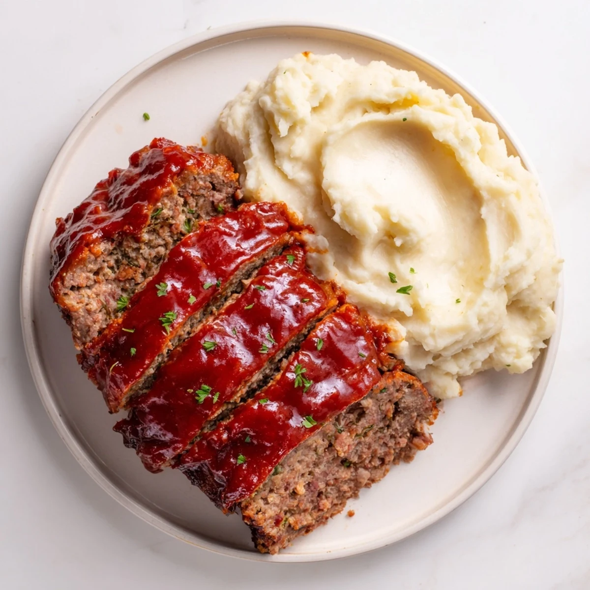 Comforting Classic Meatloaf & Mashed Potatoes with fluffy, creamy mashed potatoes.
