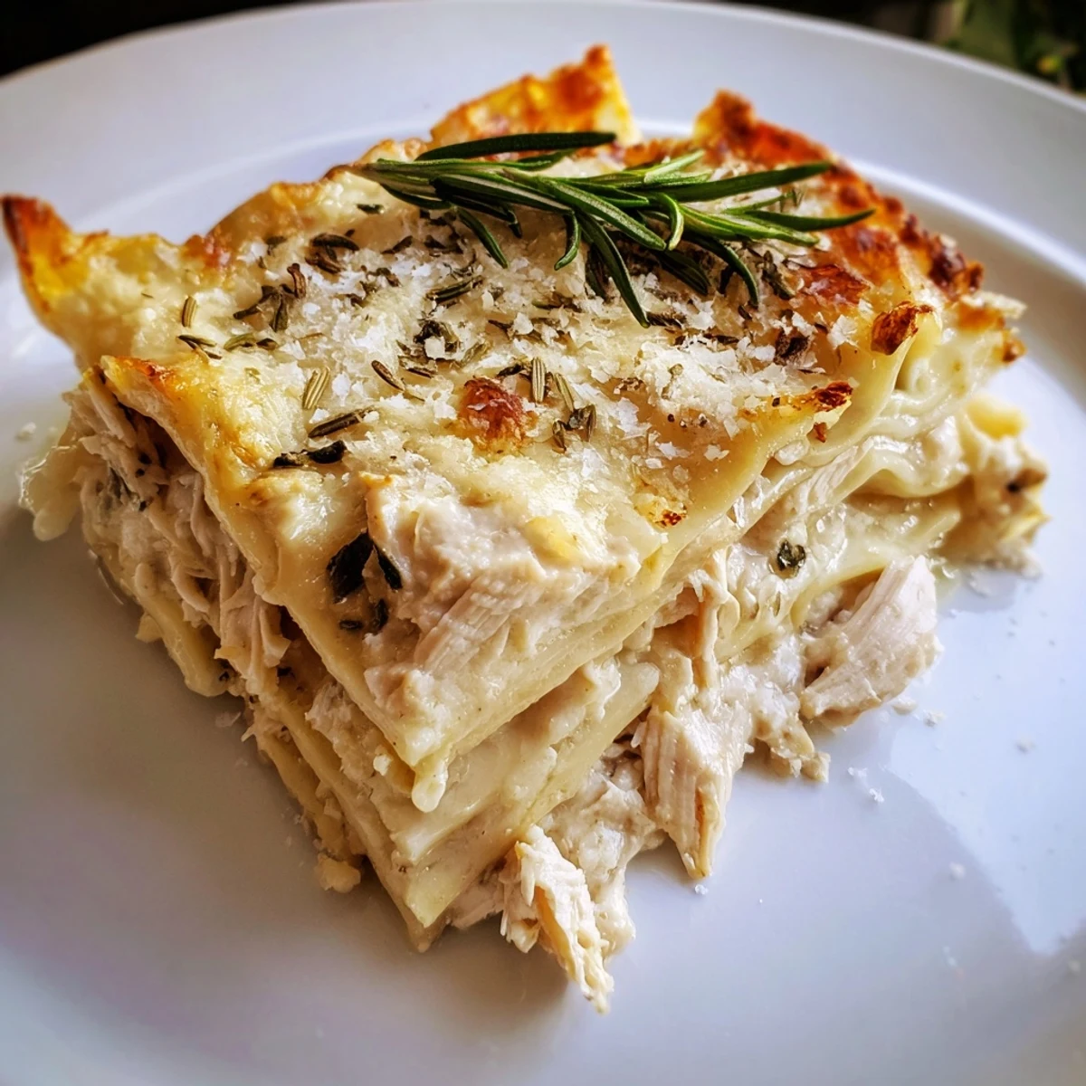 Golden brown Rosemary Chicken Lasagna bubbling with melted mozzarella and Parmesan cheese for a delicious dinner.