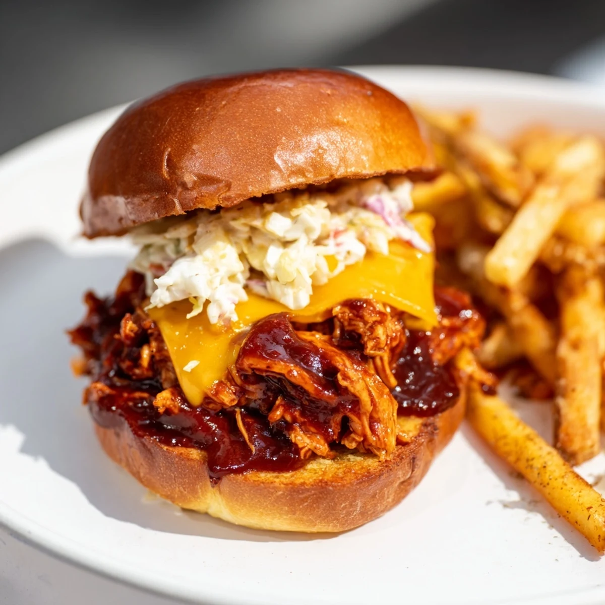 Close-up of juicy BBQ Chicken Sliders on toasted buns with melted cheese, next to crispy fries.