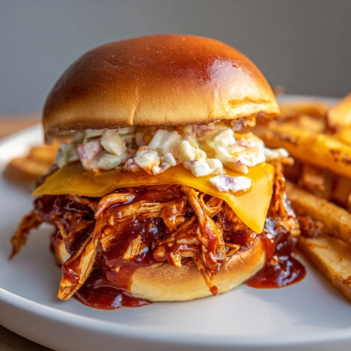 Tender BBQ Chicken Sliders piled high with coleslaw, served alongside a mound of golden fries.