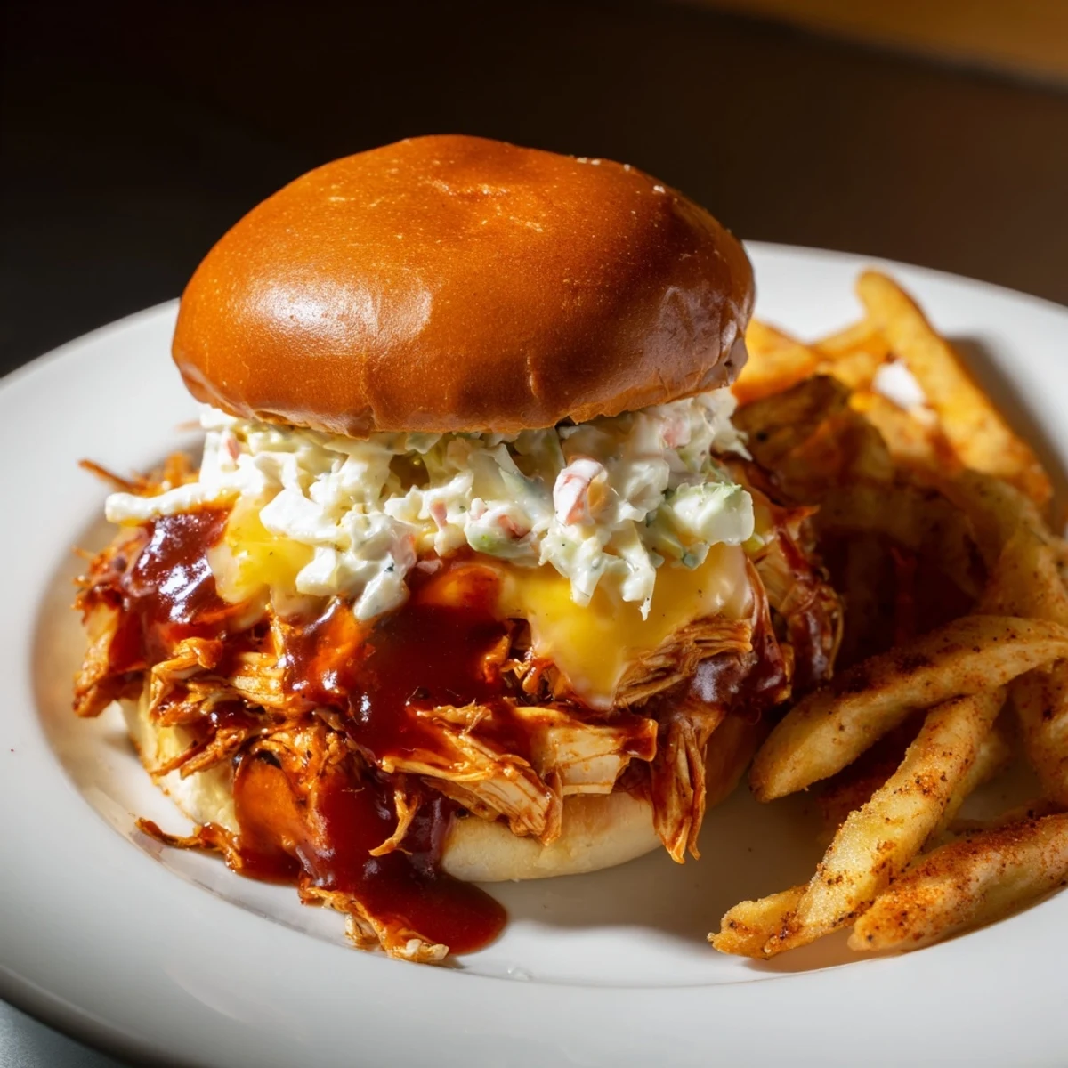 Warm, smoky BBQ Chicken Sliders, accompanied by a generous portion of perfectly seasoned, golden fries.