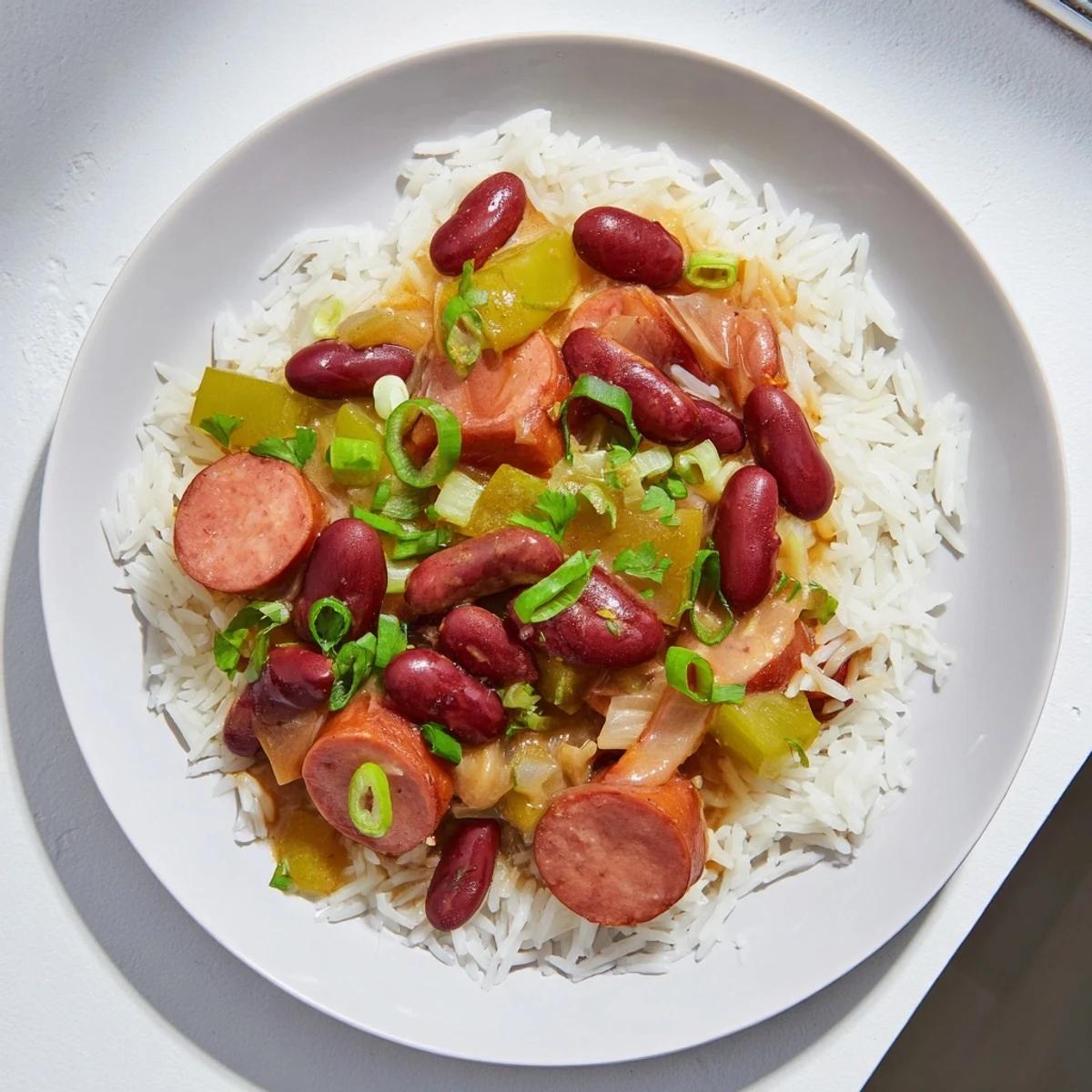 Fluffy white rice topped with rich Red Beans & Rice, a comforting Southern classic meal.