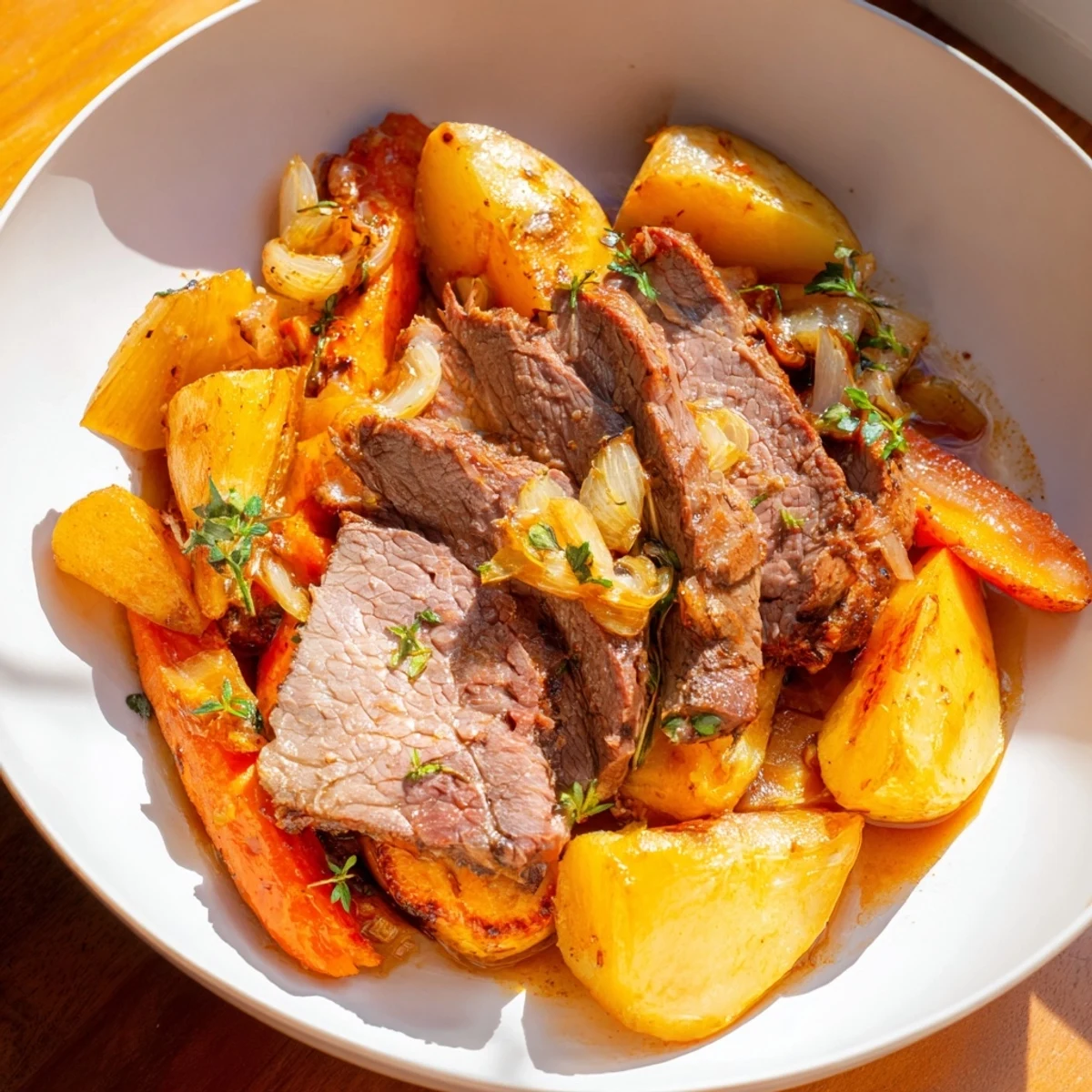 Tender Sunday Pot Roast with roasted veggies, served with rich pan juices and colorful, caramelized vegetables.