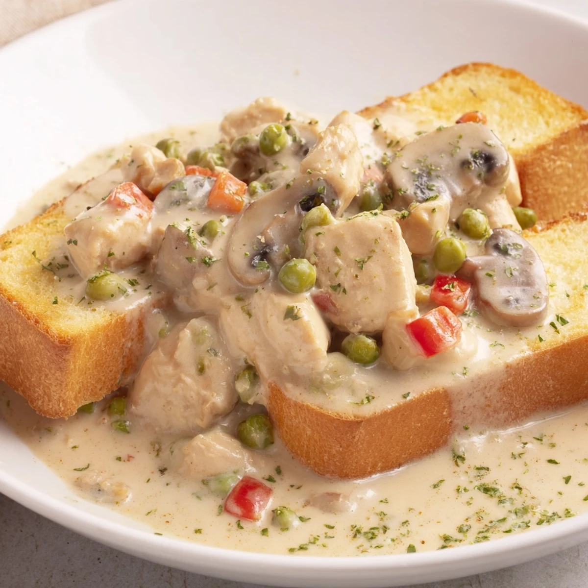 Golden, buttered toast topped with savory Chicken à la King, rich gravy coats the ingredients.