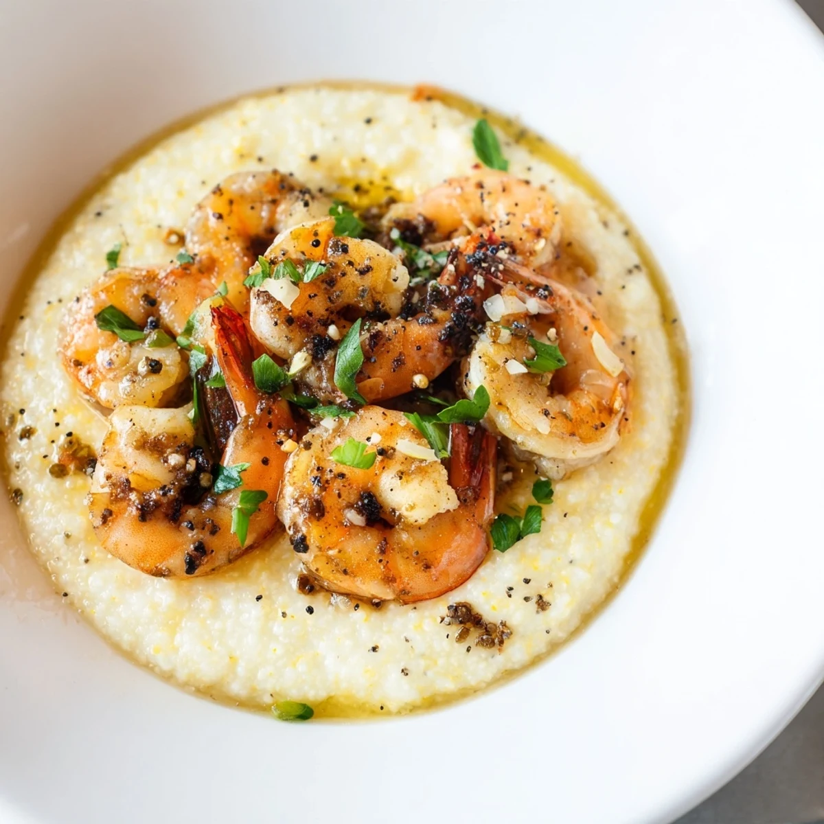 Golden-brown shrimp swimming in garlic butter, served with creamy, cheesy Shrimp & Grits; a Southern delight.