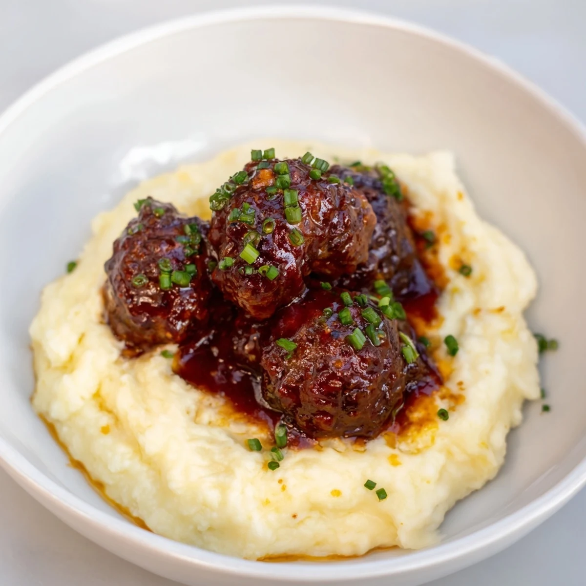 A close-up of savory BBQ Meatballs with creamy mashed potatoes, perfect for a hearty and flavorful meal.