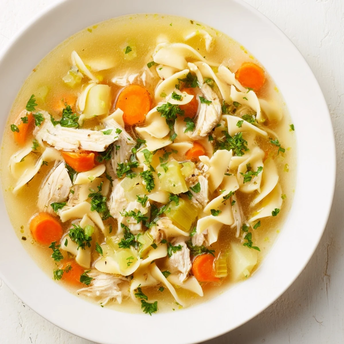 Homemade chicken noodle soup steaming in a bowl, showcasing tender chicken and vegetables.