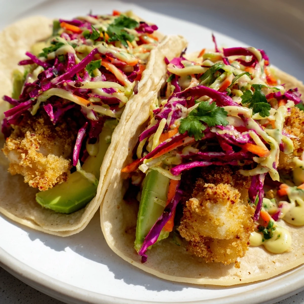 Golden, crispy Crispy Fish Tacos with fresh, vibrant slaw filling a soft corn tortilla, ready to enjoy.