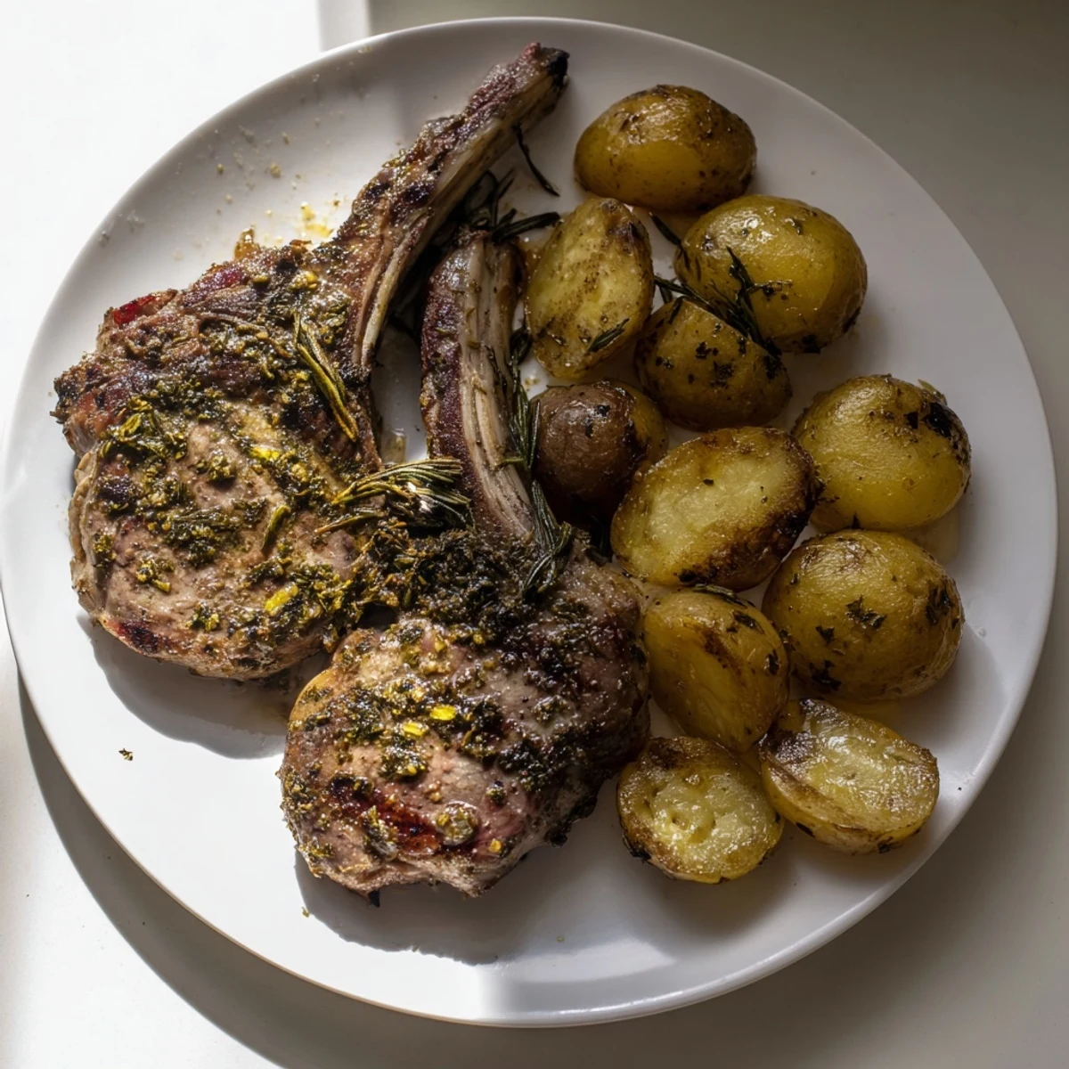 A plate of Herbed Lamb Chops and roasted potatoes, garnished with fresh parsley, looks appetizing.