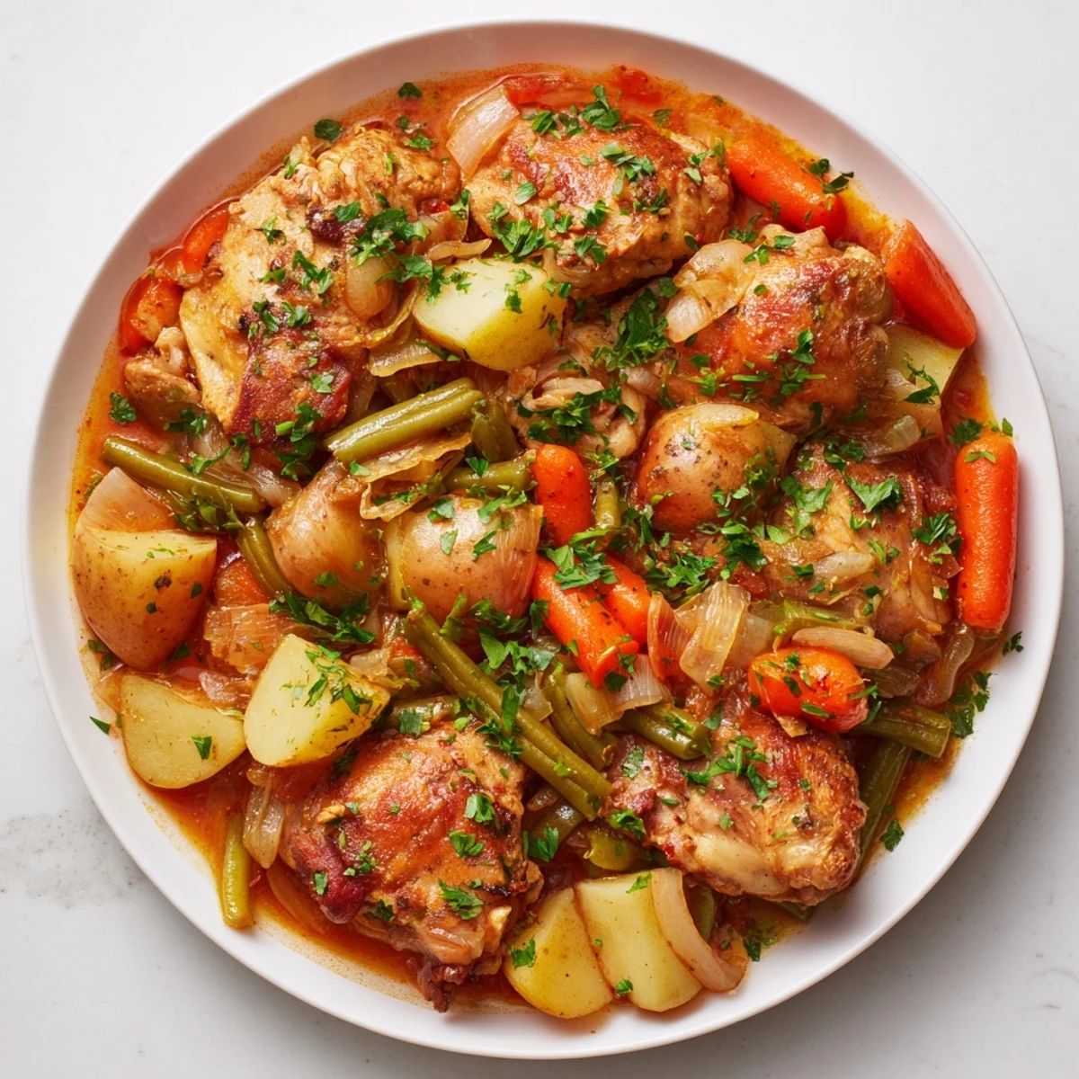 Tender Slow-Cooker Chicken & Vegetable Stew, a warm, inviting bowl of wholesome comfort food.