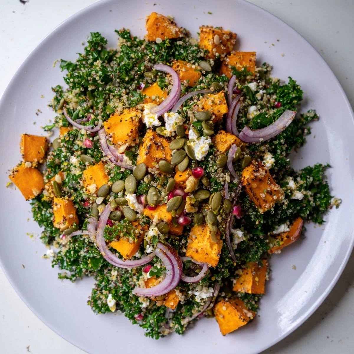 Hearty Kale & Quinoa Salad features roasted sweet potatoes, a lemon vinaigrette, and fresh, chopped parsley.
