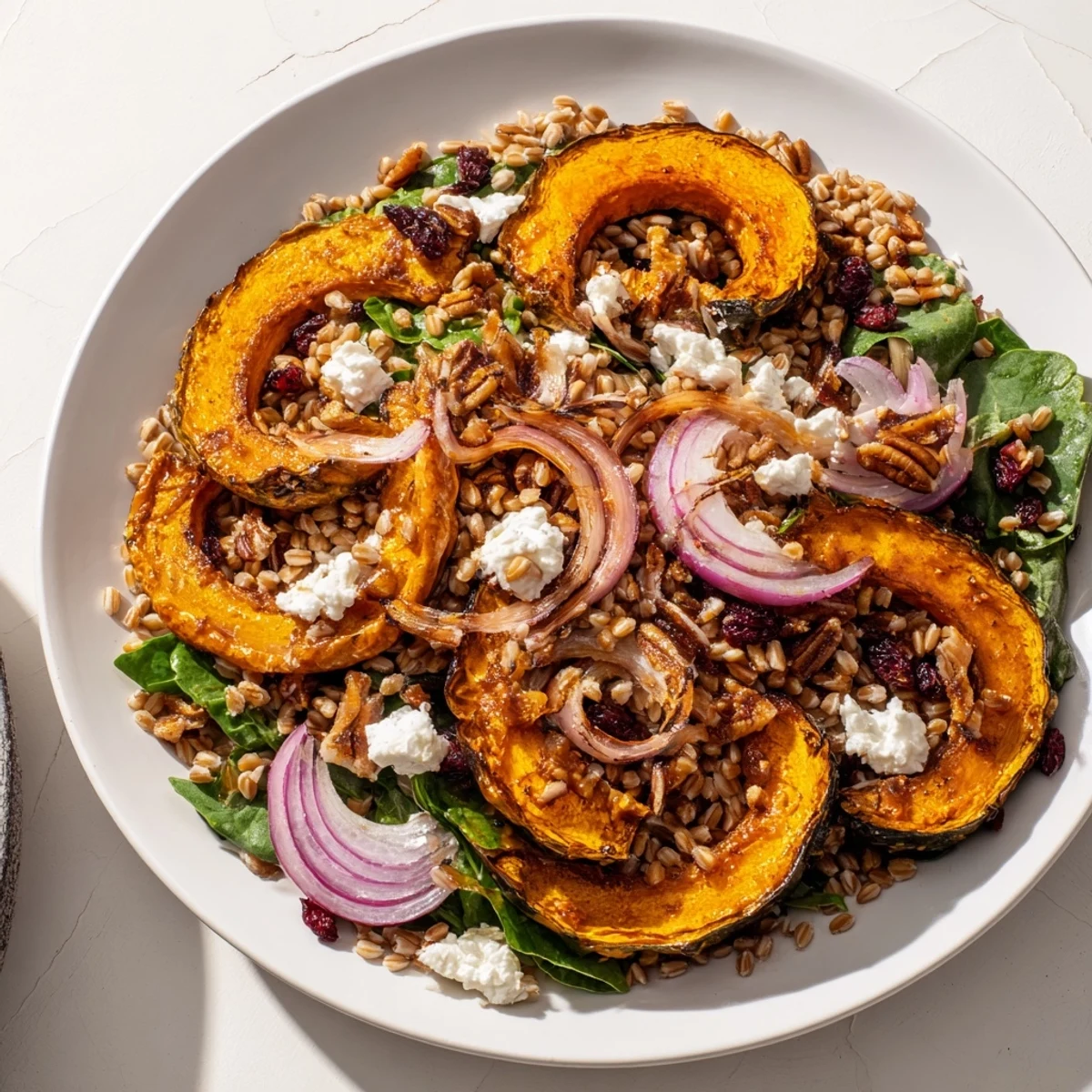 Vibrant Farro & Mustard Green Salad with maple-roasted squash, a colorful and delicious vegetarian meal.