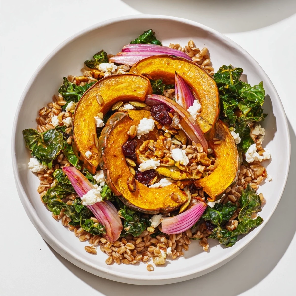 Hearty Farro & Mustard Green Salad with tender squash and tangy vinaigrette, perfect for a flavorful lunch.