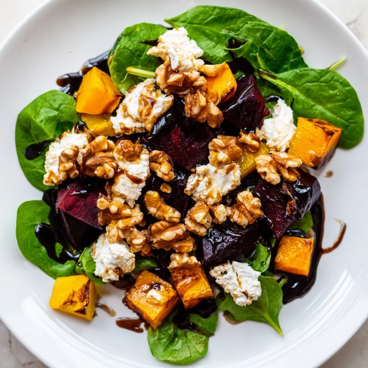 Vibrant roasted beet, butternut squash & spinach salad topped with creamy goat cheese and walnuts.