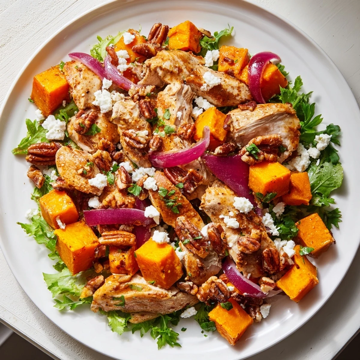 A close-up of a warm Roasted Chicken & Winter Squash sheet-pan salad, ready to be enjoyed.