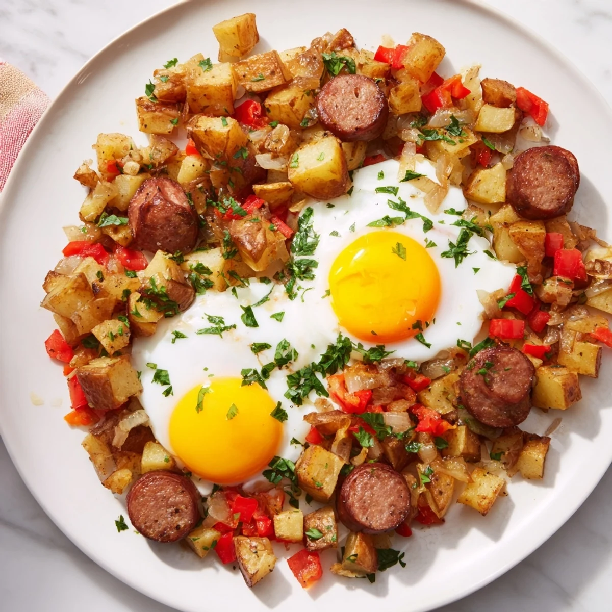 Close-up of a sizzling skillet of Egg & Potato Hash, studded with hot dogs and perfectly cooked eggs.
