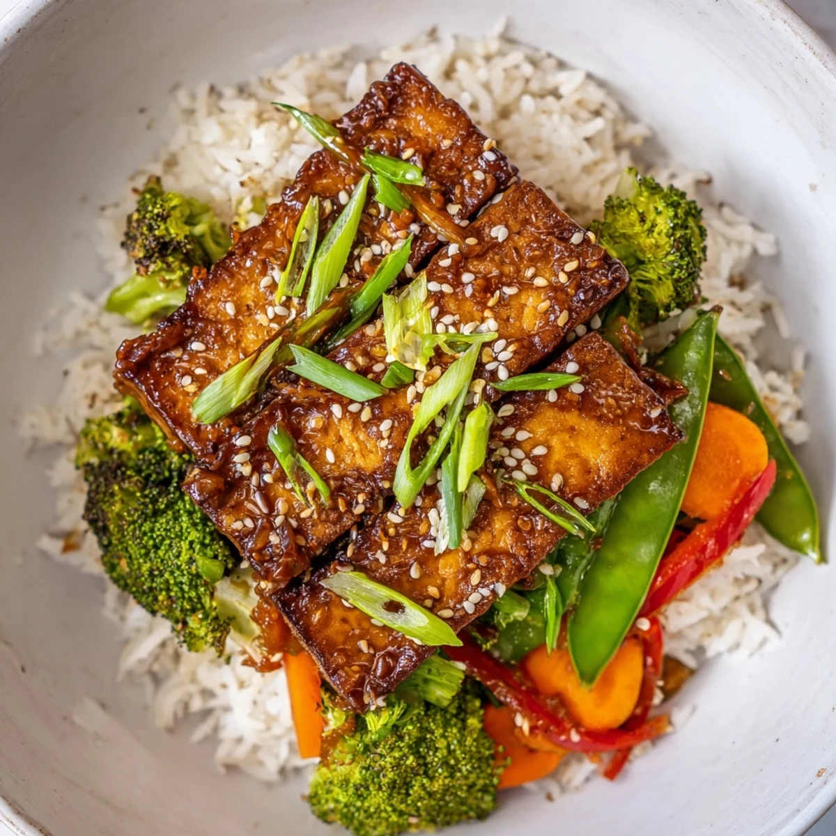 Golden, crispy Pressed Tofu Steaks served atop colorful stir-fried vegetables with fluffy white rice.