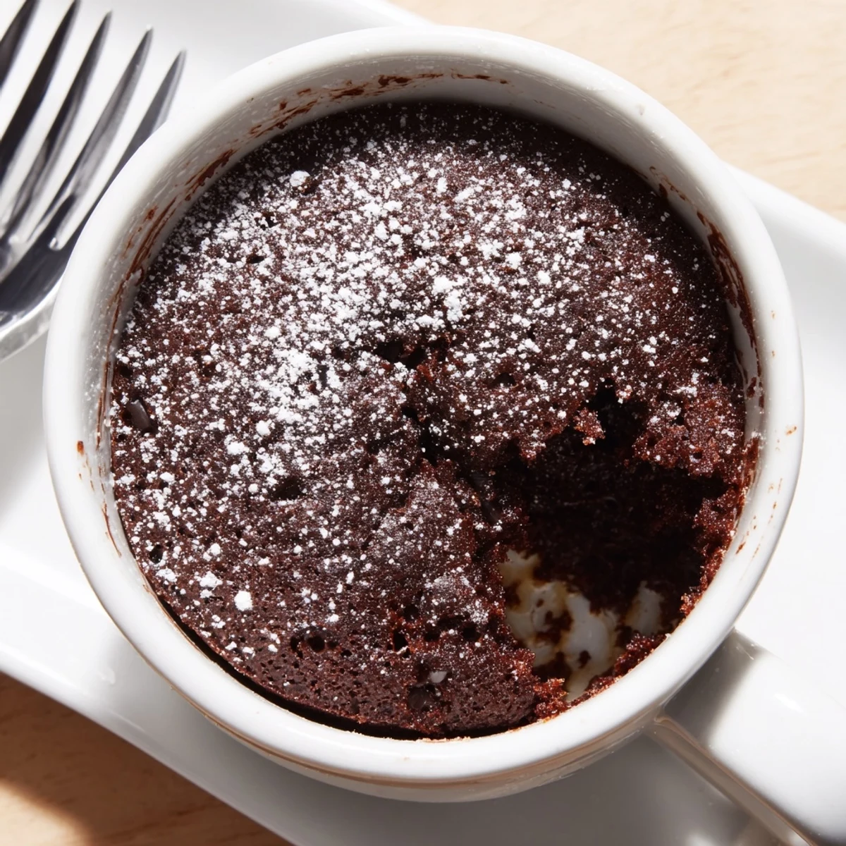 Warm, freshly baked microwave mug cake, a quick and easy dessert for one person, ready to enjoy.