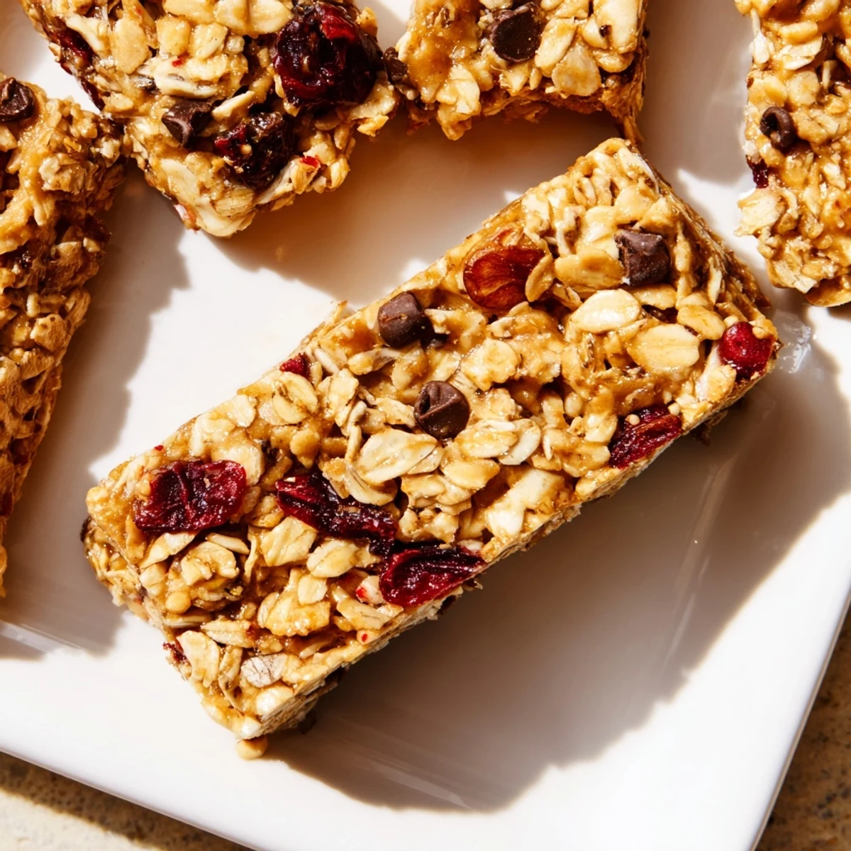 These easy-to-make homemade granola bars show a delicious close-up, studded with seeds and chocolate chips.