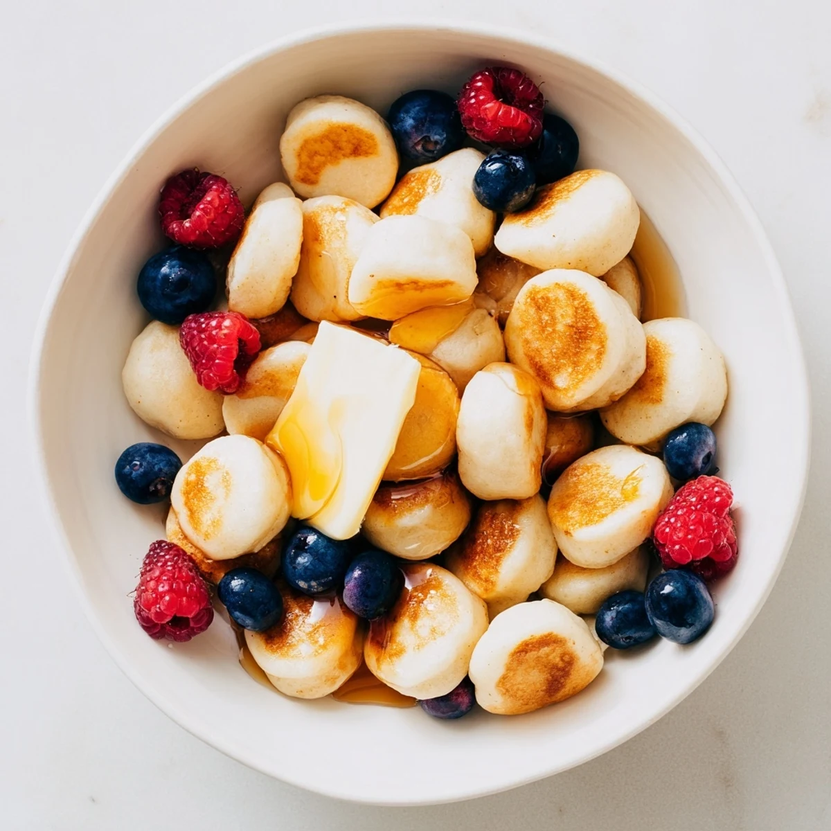 Fluffy golden brown pancake cereal ready to be drenched in warm maple syrup for breakfast.