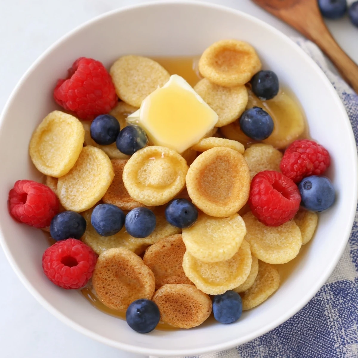 Miniature, perfectly cooked pancake cereal with fresh berries, a creative and easy American breakfast.