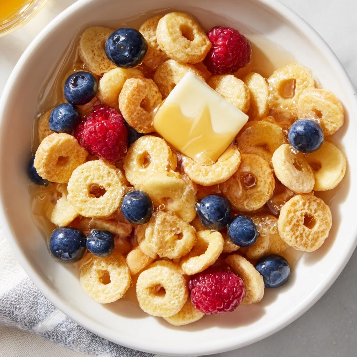 A bowl overflowing with delightful, bite-sized pancake cereal, perfectly portioned for sweet mornings.