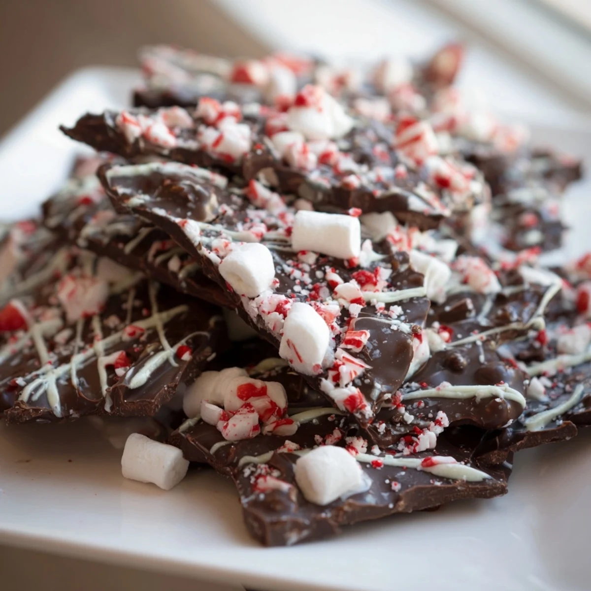 Close-up of decadent Hot Chocolate Bomb Bark, showcasing chocolate swirls and sprinkle toppings.