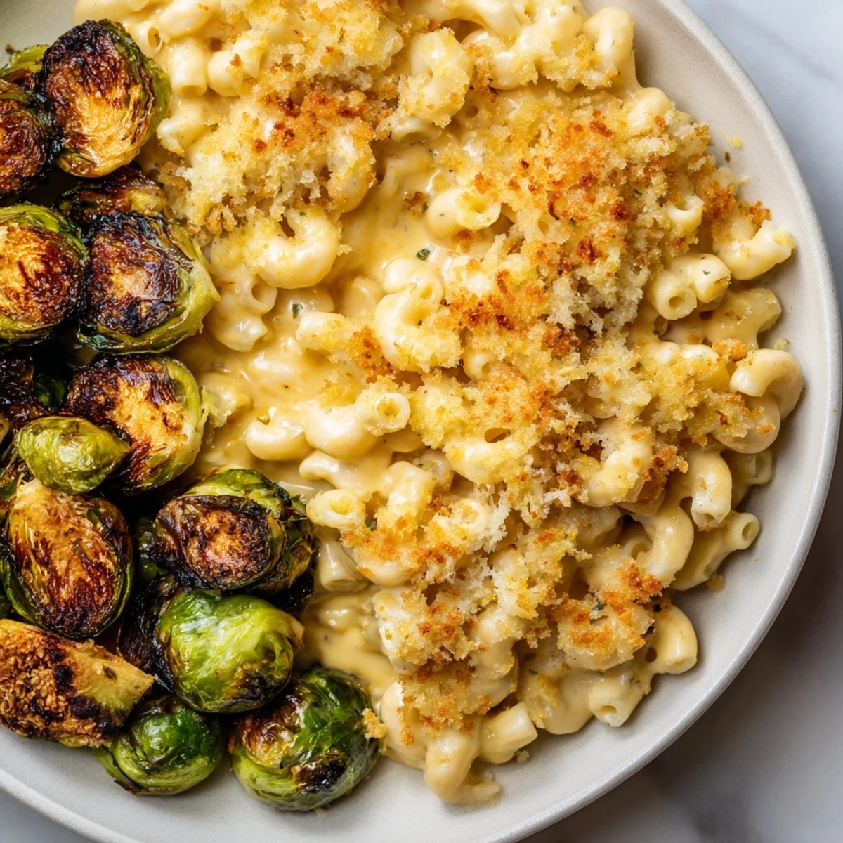 Golden, bubbly sheet pan mac and cheese with roasted Brussels sprouts, ready to serve and enjoy.