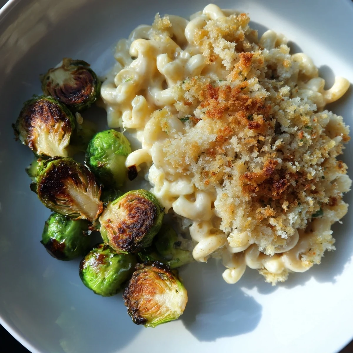 Sheet pan mac and cheese with crispy Brussels sprouts, a warm and comforting American dinner.