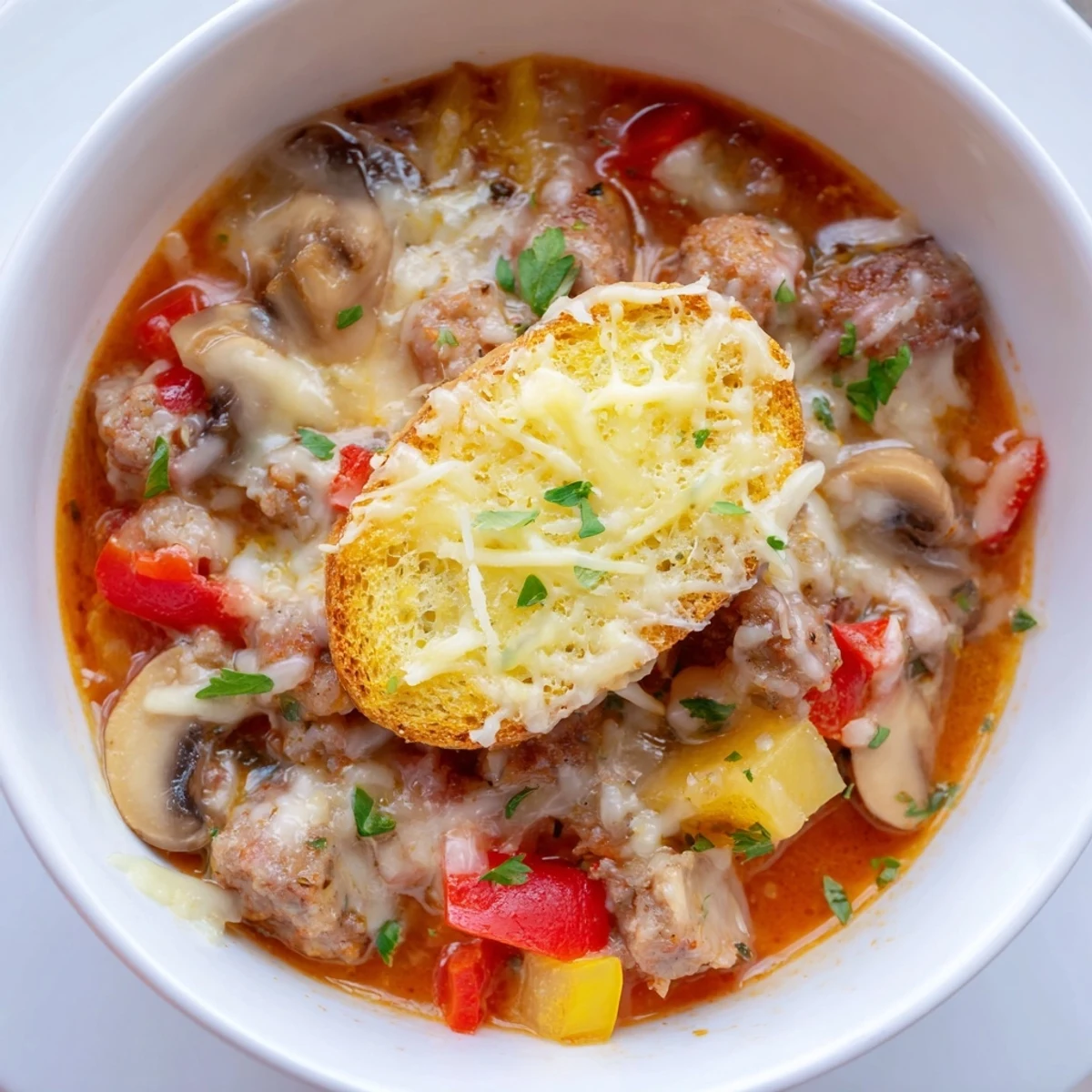 Pizza Pot Pie Soup bubbling, topped with a golden, baked pizza dough crust and melted cheese.